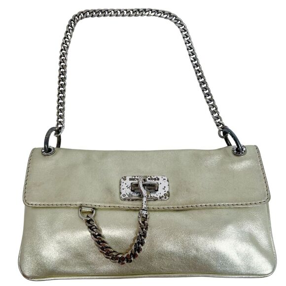 Vintage Michael Kors Fulton Gold Leather Shoulder Bag Silver Chain Purse - Picture 1 of 11